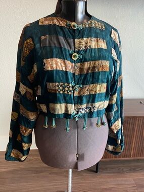 Cache Vintage Teal Patchwork Tie-Front Women's Top